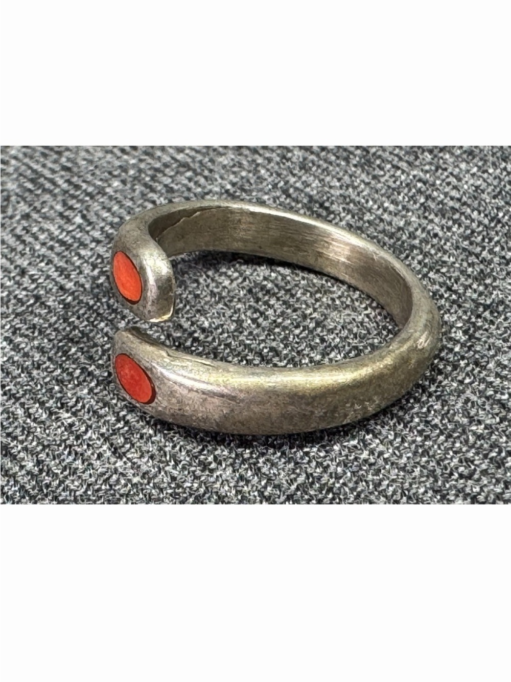 Vintage Navajo Sterling Silver Ted Coral Inlay Bypass Snake Ring - Picture 2 of 8